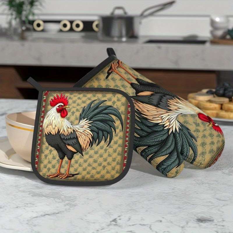 2pcs 26.92x17.02 cm Heat-Resistant Oven Mitts and Pot Holders Vibrant Rooster Design Durable