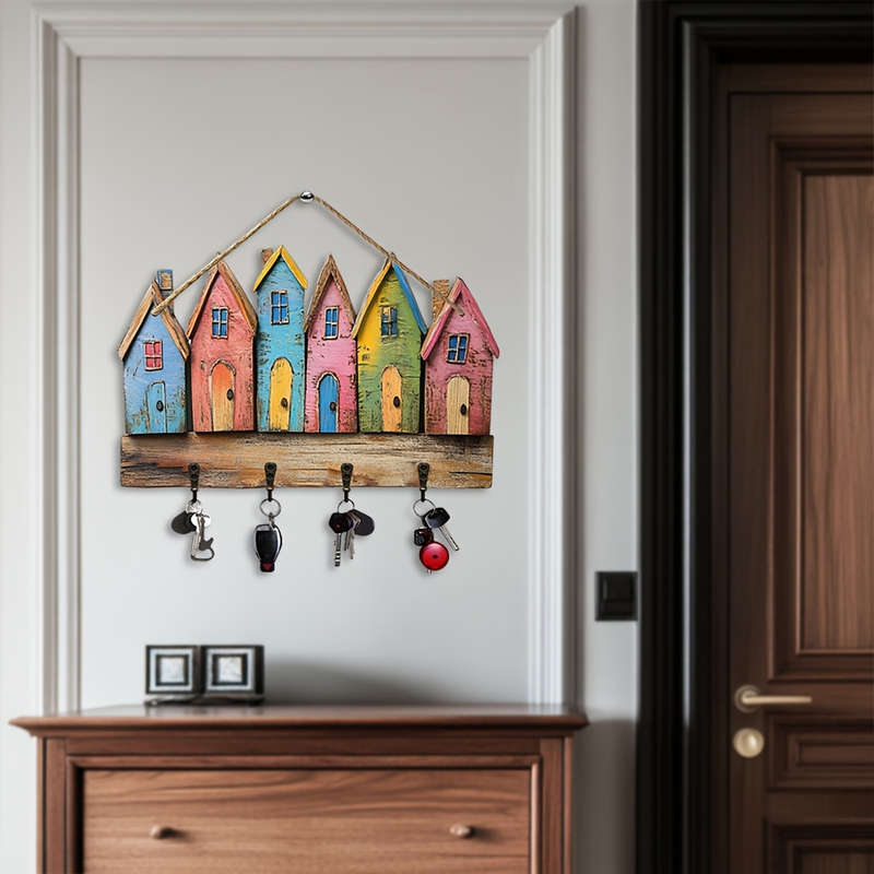 2D Flat 1 Charming Country Scene Key HangerColorful Wooden Wall Hanger with 4 Metal Hooks Perfe