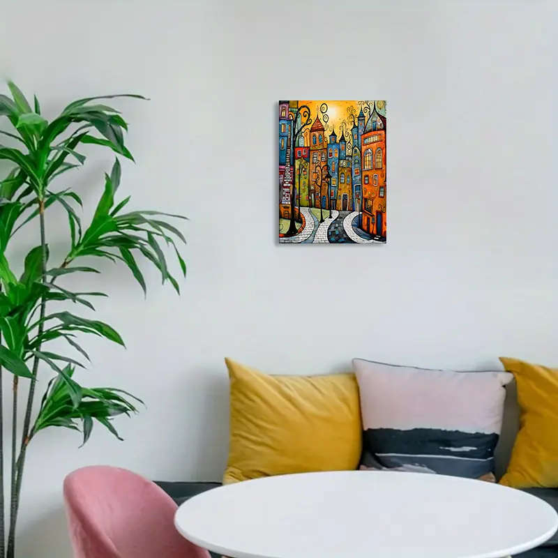 1pc Vibrant Frameless Canvas Art Print Whimsical Street Scene with Colorful Buildings Ideal for Fest
