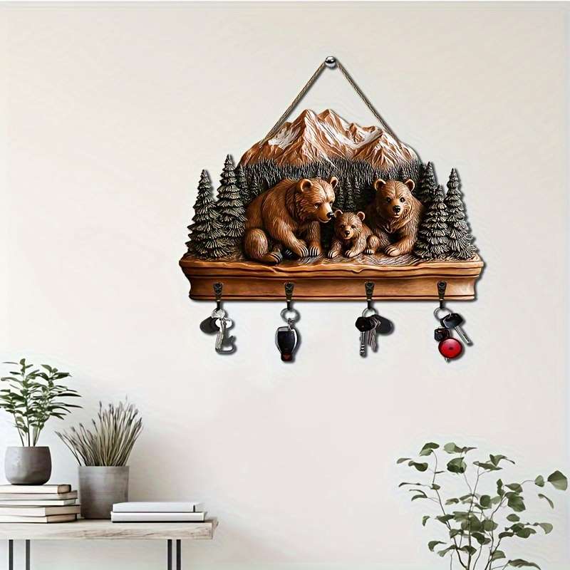 1pc Warm Forest Bear- Household Wooden Key Rack( 29.97cm x 24.99cm) with Four Metal Hooks- Multifu