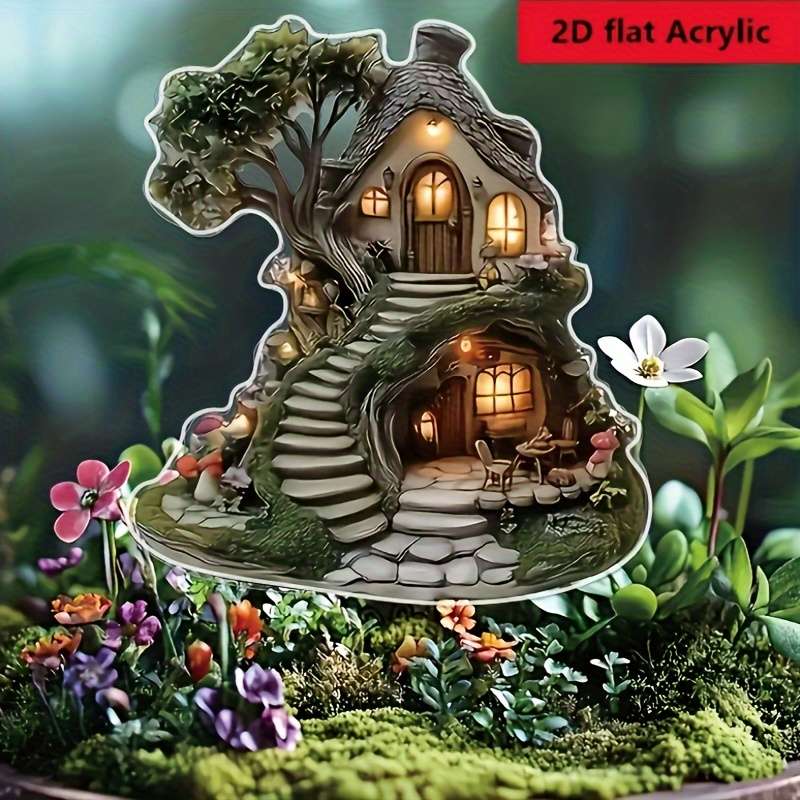 1pc 2D Flat  Glimm-Style Crystal Fairy Tree House Garden Plate Enchanting Lawn Ornament with Ston