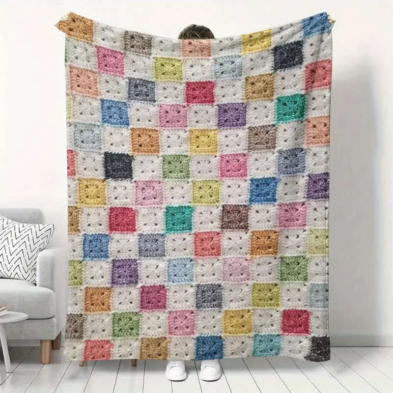 1pcs Simple High-end Colorful Plaid Crochet Digital Print Blanket  75*100CM