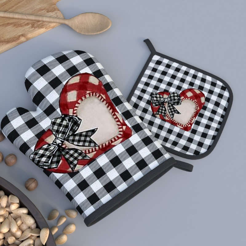 2pcs Valentine'S Day Romantic Plaid Love Oven Mitt Set 26.92x17.02 cm Heat Resistant Polyester