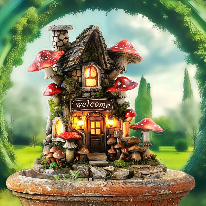 1pc 2D Flat    Acrylic Mushroom House Garden Insert Card Vibrant Red White Mushroom D