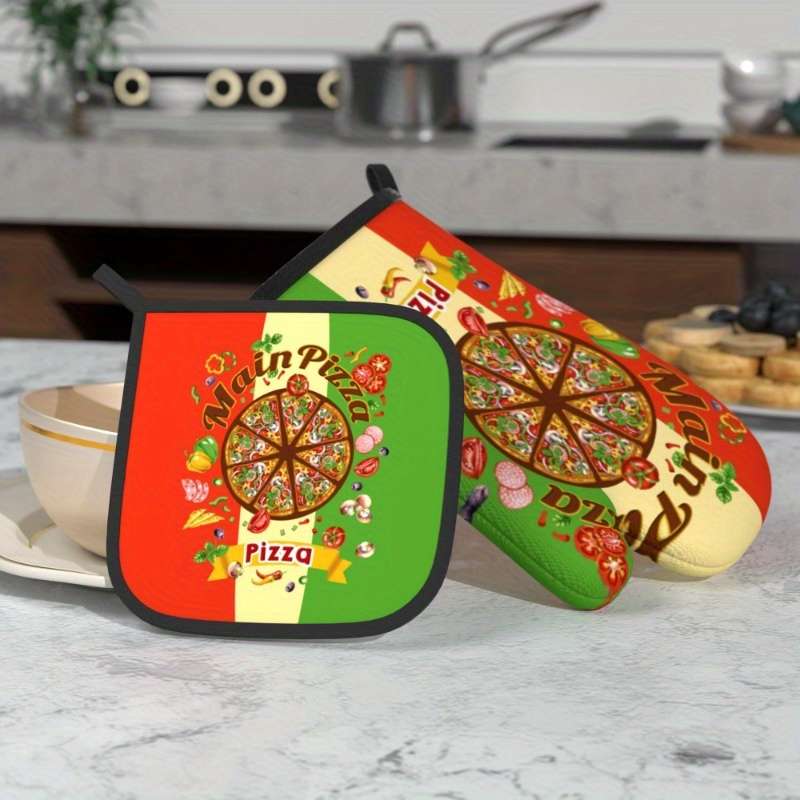 2pcs Colorful Pizza Slice Oven Mitts Pot Holders Heat Resistant Machine Washable Polyester