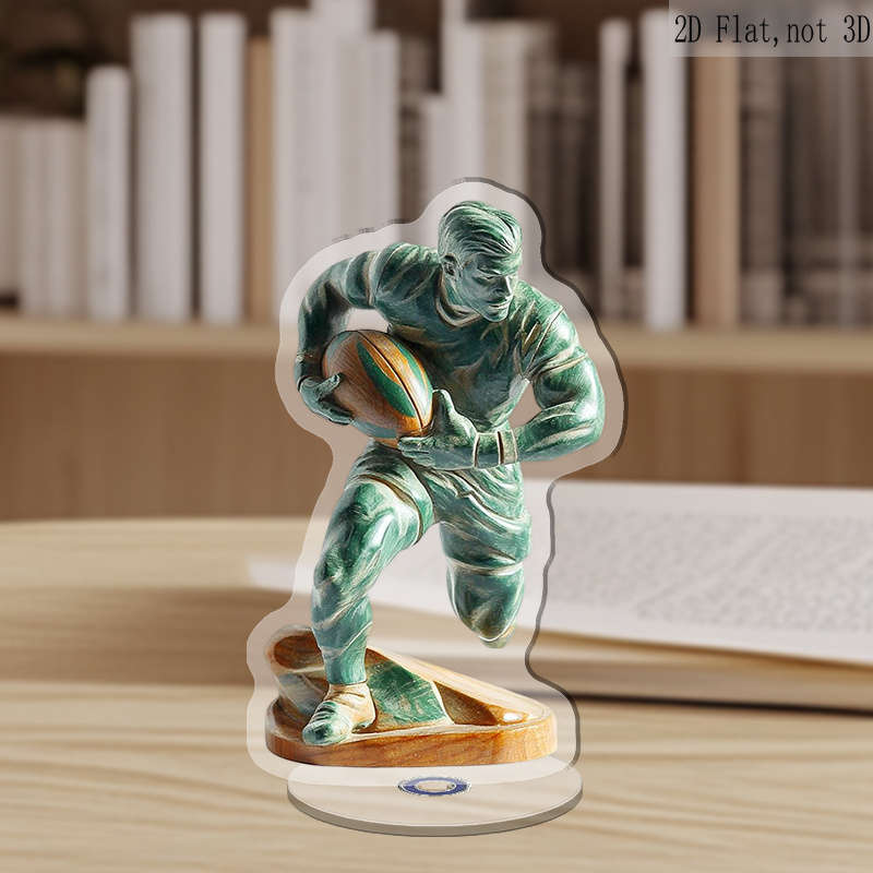 1pc 2D Flat  Acrylic  Rotatable Rugby Player Figurine Green Sports-Themed Stress Relief Desk Dec