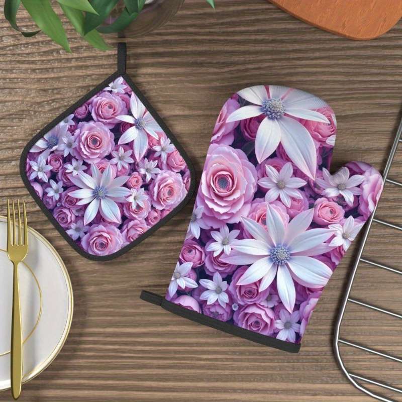 2pcs 26.92x17.02 cm Heat Resistant Oven Mitts and Potholders Beautiful Purple Flowers Oven Mitt