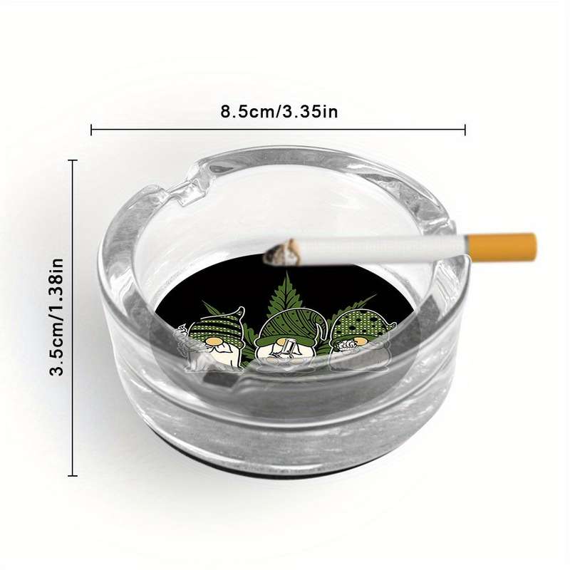 1pc Round Clear Glass Ashtray Black Background with Tri-color Geometric Plant Design Modern Desk
