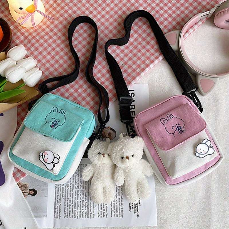 1pc Cute Bunny Canvas Crossbody Bag for Girls Simple Shoulder Messenger with Color-Block Desi