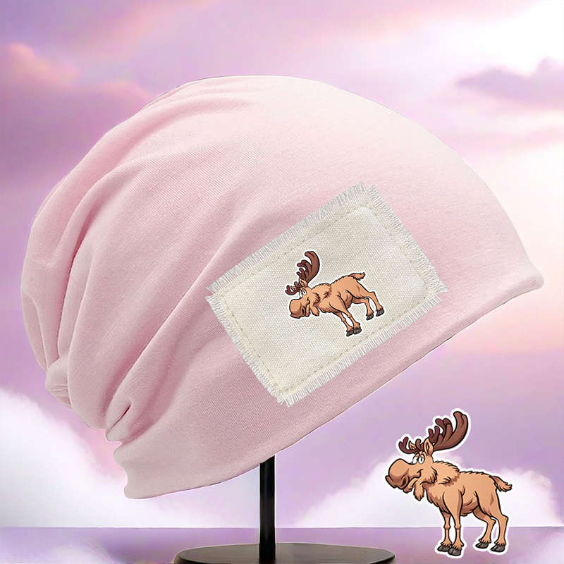 1pc Cozy Moose Print Beanie Hat Unisex Stretch Fit Lightweight Washable Brown with White Pat