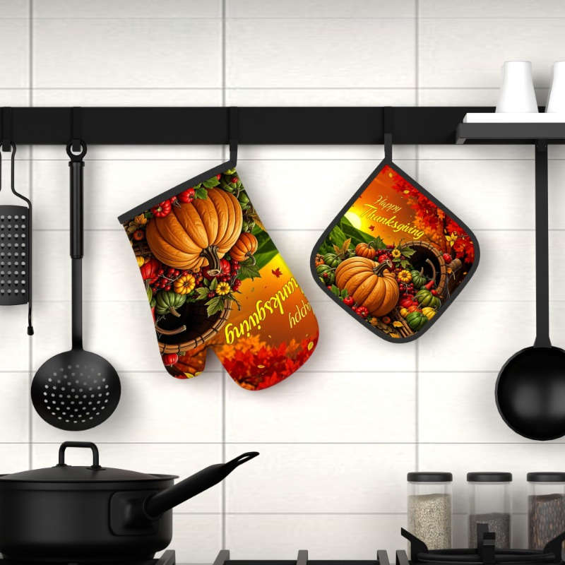 2pcs Autumn Harvest Heat-Resistant Oven Mitts 26.92x17.02 cm Vibrant Pumpkin Vegetables De
