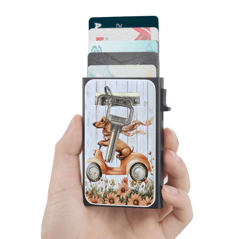 1pc Dachshund on Scooter Pattern Metal Wallet with Pop-Up Card Holder Casual Style Slim Busine