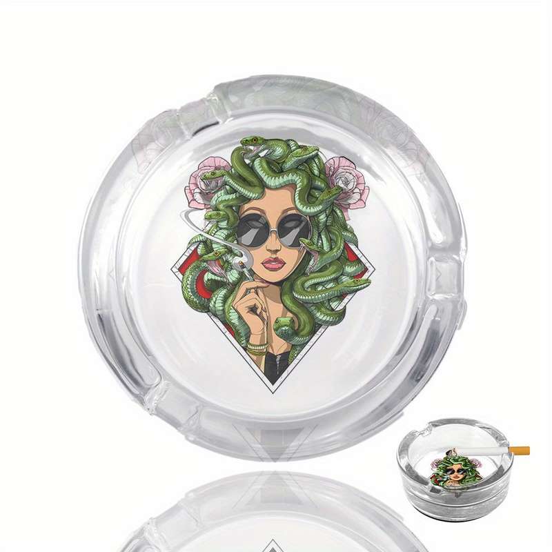 1pc Medusa Art Glass Ashtray with Anti-Slip Base Emerald Serpent Blossom Motif Crystal Clear R