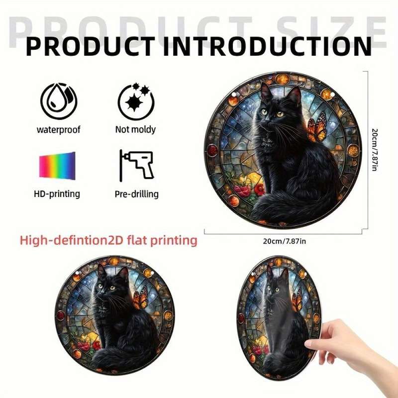 1pc 2D Flat   1 mysterious black cat theme  sun catcher acrylic round wreath logo retro