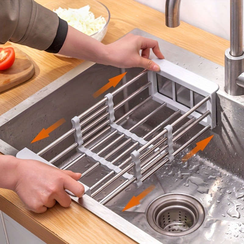 1pc Expandable Stainless Steel Over-The-Sink Dish Rack Drainer Basket Collapsible Kitchen Organ