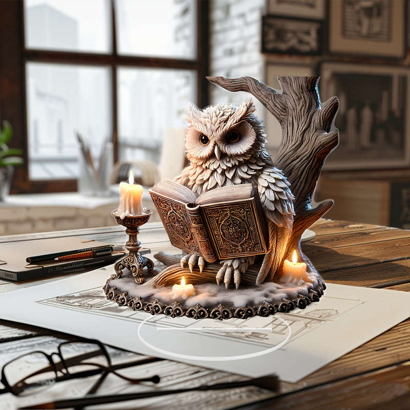 1pc 2D Flat  Retro Crystal Owl Reading Sculpture-  Acrylic Desktop Decoration Whimsical Animal T