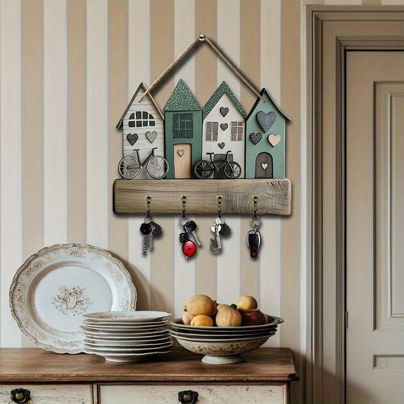 A Creative Small House And Bicycle Wall-Mounted Key Holder Featuring a Simple And Colorful Wooden K