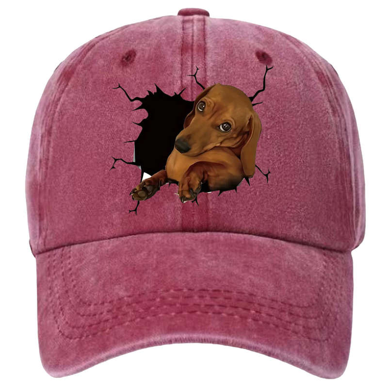 1pc Cotton Baseball Cap with 3D Dachshund Dog Print Unisex Distressed Vintage Washed Adjustable C