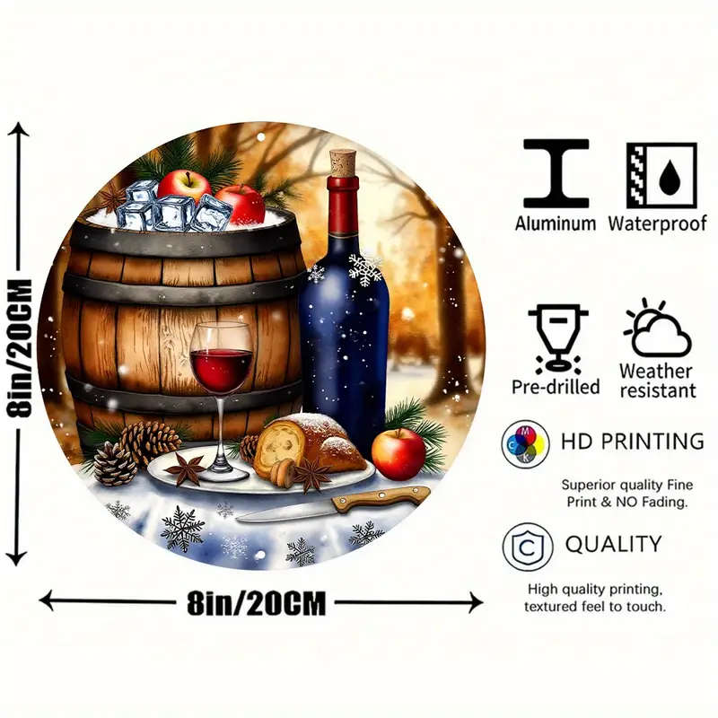1pc Painting of a Bottle of Wine And a Glass of Wine on Wreath Sign 8-Inch Round Aluminum Sign Perfe