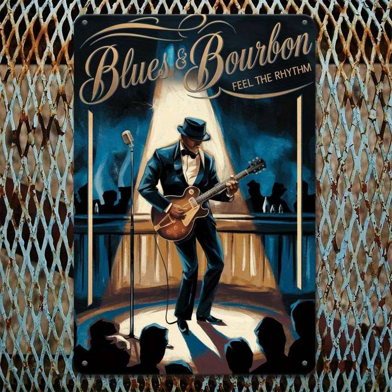1pc Room Decor  Blues Bourbon Jazz Theme Iron Tin Sign 30.48x20.32 cm 2D Printed Wall Art for