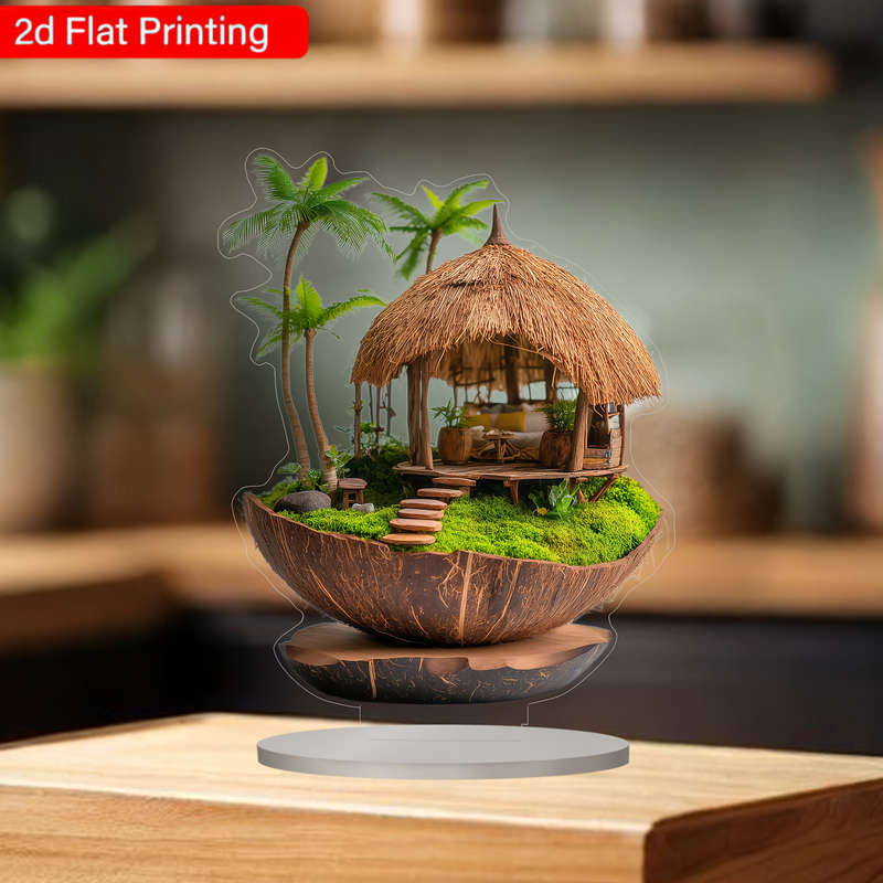 1pc 2D Flat  Boho Tropical Coconut Hut Acrylic Artwork with Wooden Base Handmade