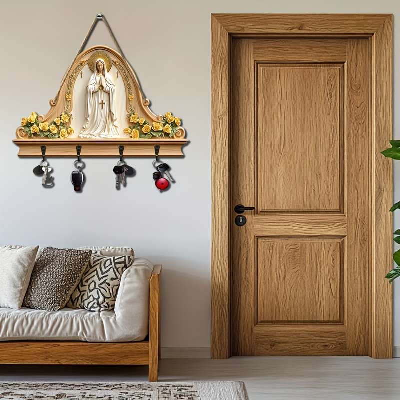 A Simple And Colorful Wooden Key Holder Featuring a Religious Prayer Equipped with Four Metal Hooks