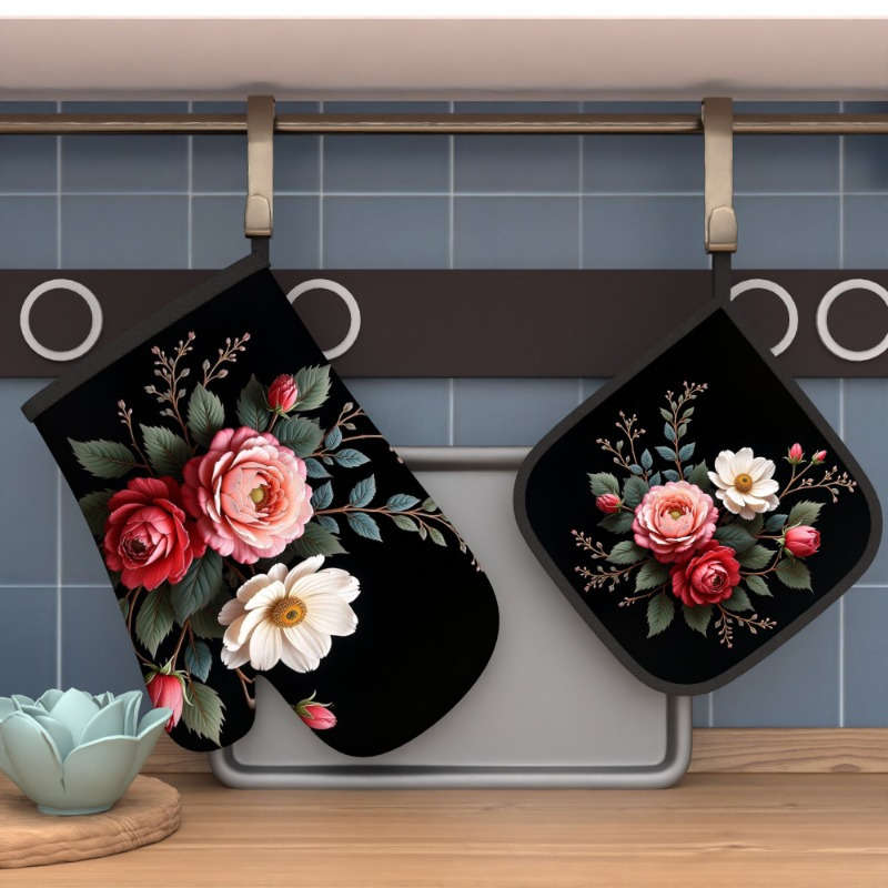 2pcs Floral Heat-Resistant Oven Mitts Potholders Spring Flowers Leaves Design 26.92x17.0