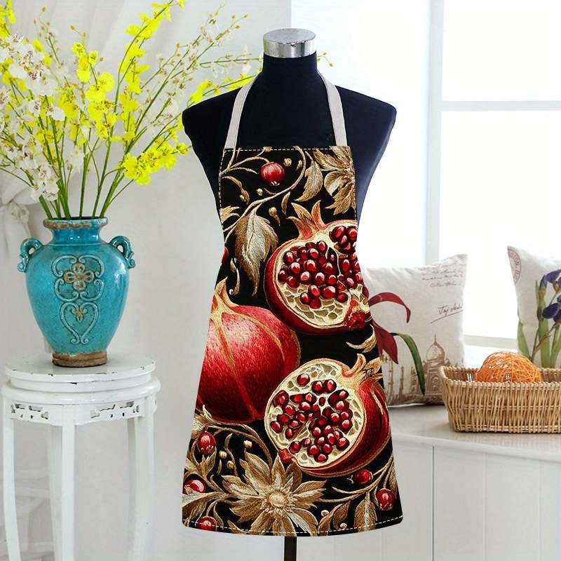 1pc Elegant Pomegranate Golden Leaves Print Linen Apron 100% Linen Smooth Fabric Ideal fo