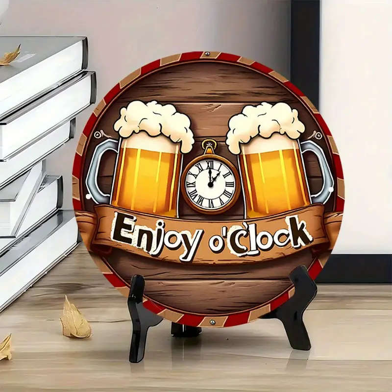 1pc Rustic Enjoy o'Clock Beer Mugs Wall Clock Round Aluminum Sign Festive Hanging Decor for Home Pat