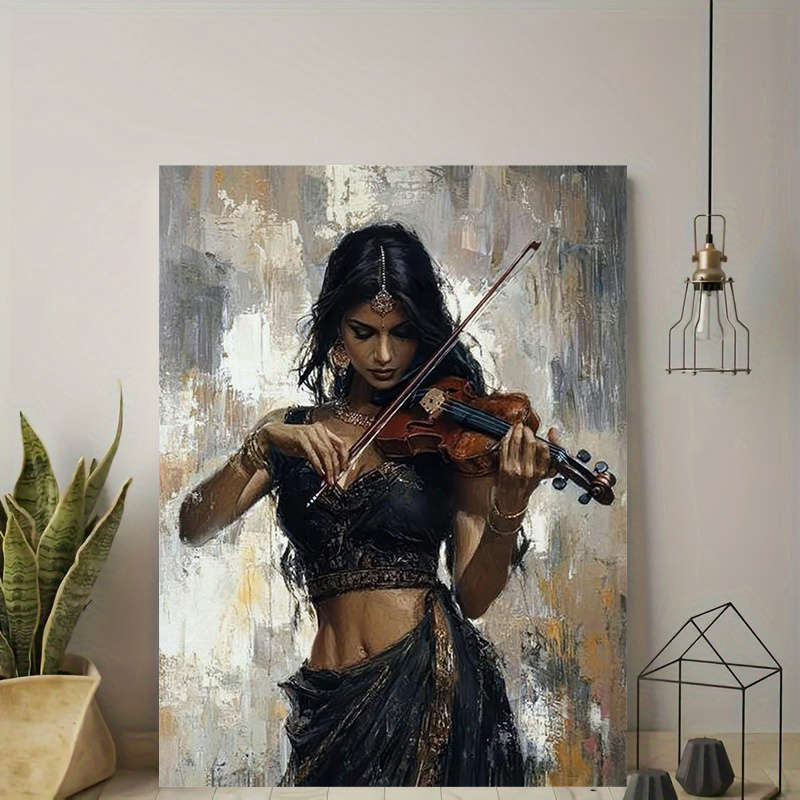 1pc  Graceful Violinist Printed Canvas Wall Art Portrait of a Woman in Black Traditional Attir