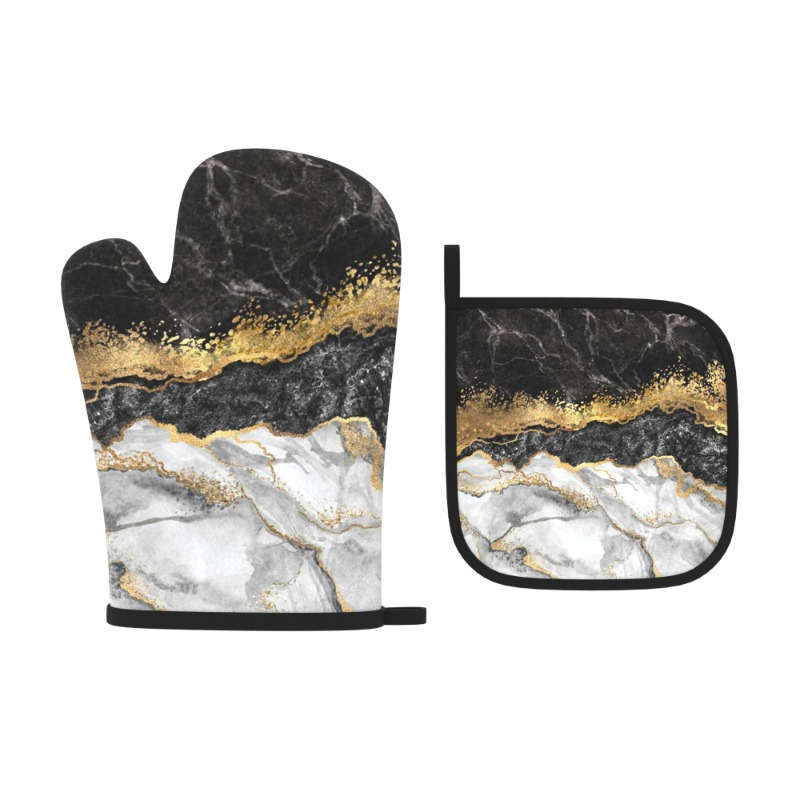 2pcs Marble Pattern Oven Mitt Set 26.92x17.02 cm Heat Resistant Polyester Kitchen Gloves and