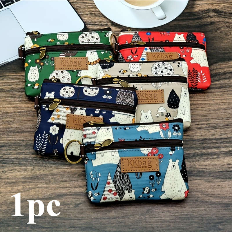 1pc KKBAG Mini Cute Cartoon Coin Purse in Beige with Colorful Animal Design Portable Credit C