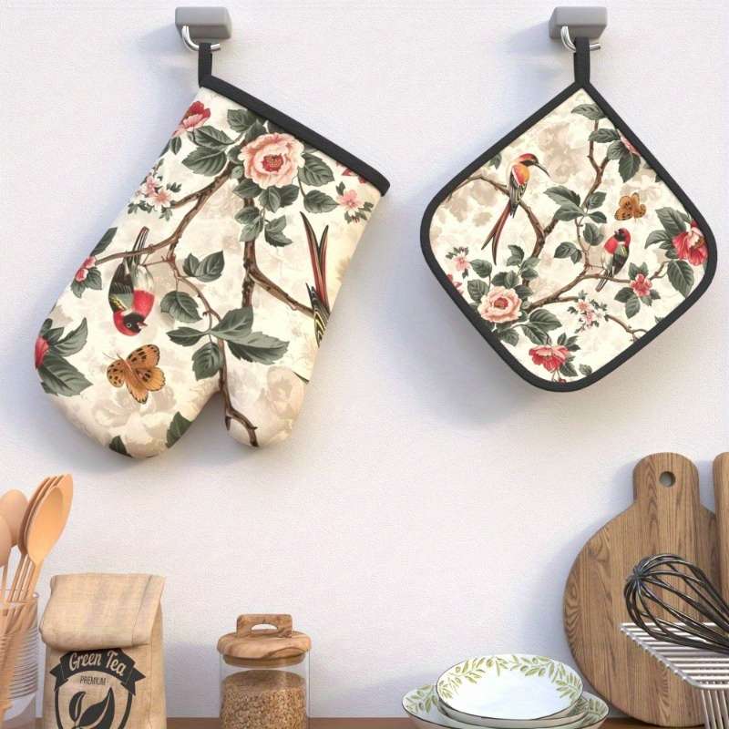 2pcs Floral Oven Mitts and Pot Holders Set Heat Resistant Machine Washable Polyester Ideal