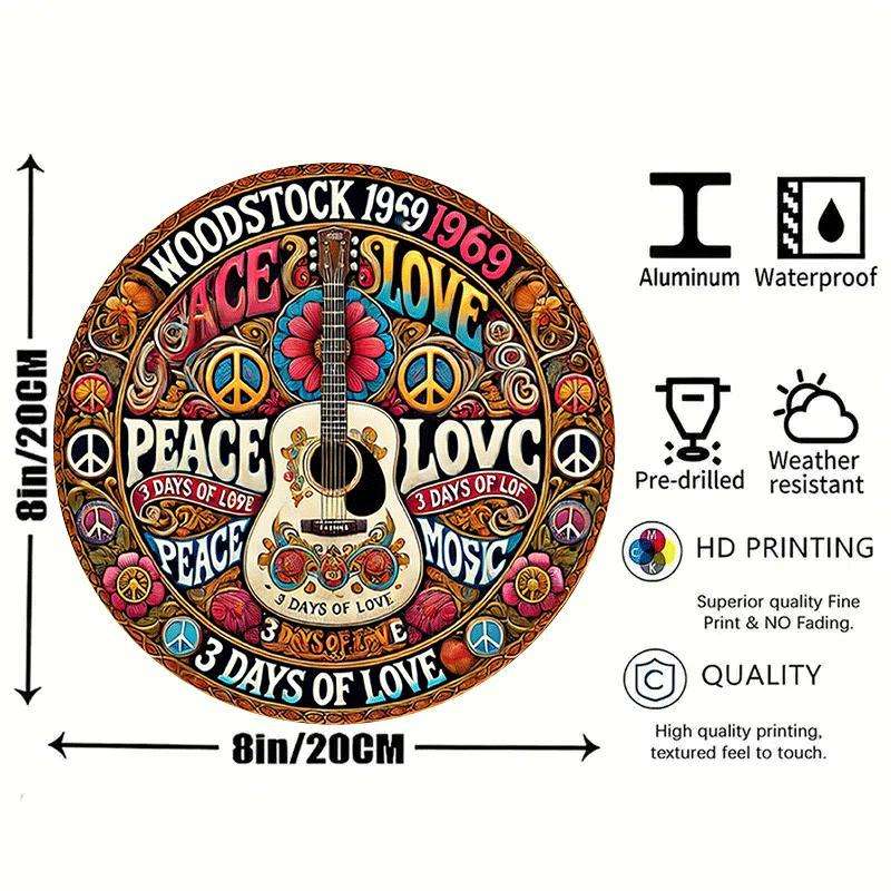 1pc 2D Plane  Woodstock 1969 Peace and Love 8-inch Metal Plaque Retro Iron Wall Art Classic