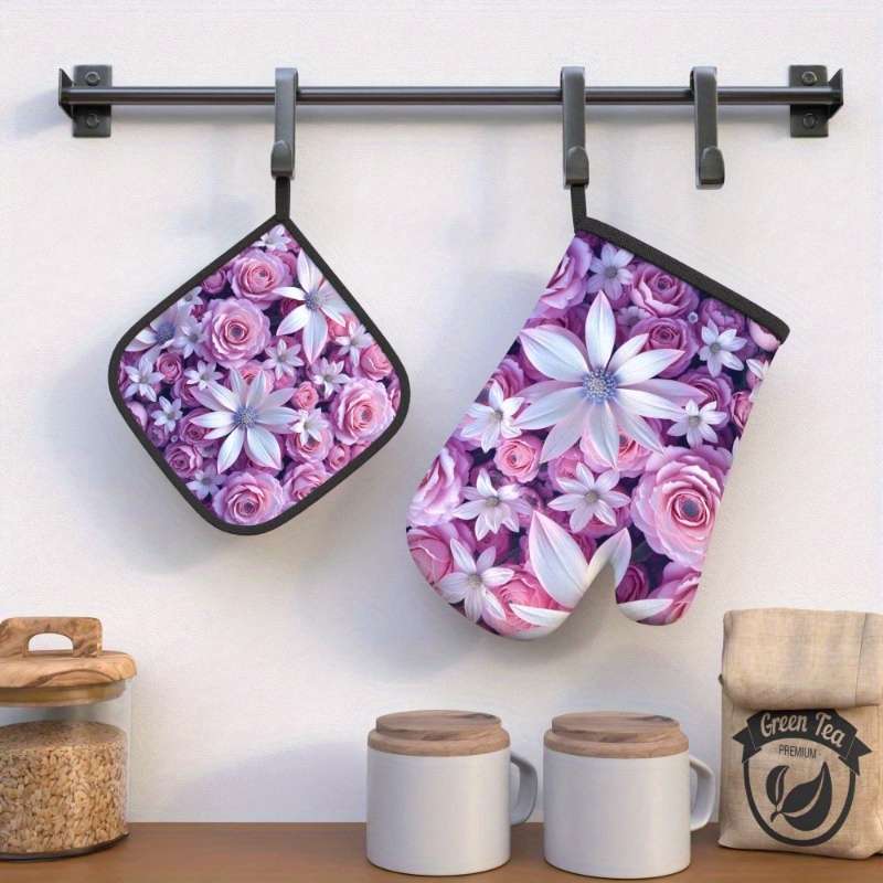 2pcs 26.92x17.02 cm Heat Resistant Oven Mitts and Potholders Beautiful Purple Flowers Oven Mitt