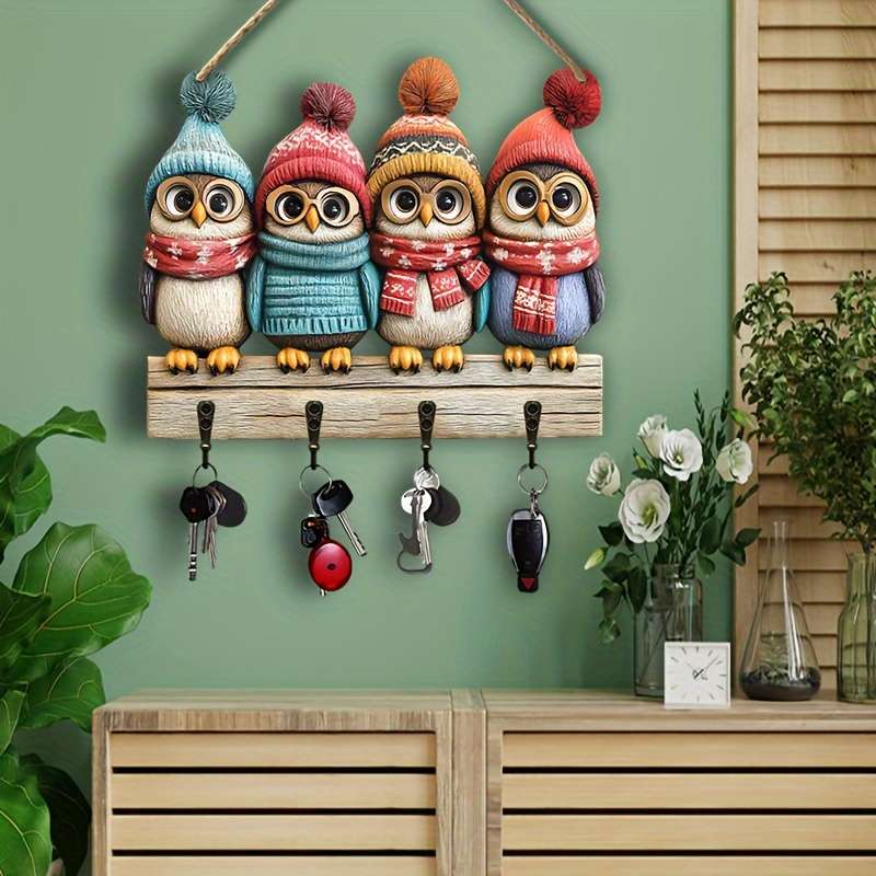 5 Cute Owl Key HoldersColorful Wooden  Home Decor Wall Art with Four Metal Hooks (30.0cm x 24.99