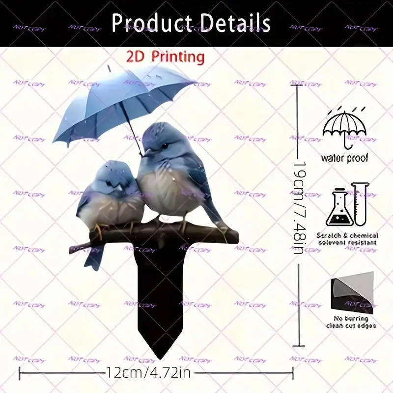 1pc 2D Bird Garden Stake Decoration Charming Bluebirds Under Umbrella Design Artistic Outdoor Lawn Y
