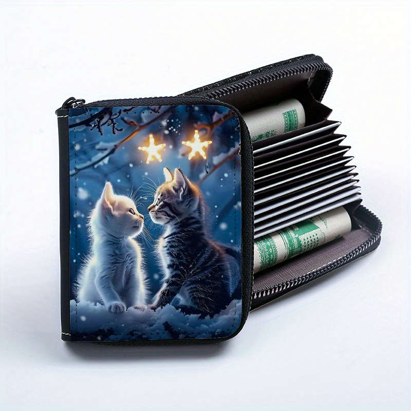1pc Couple'S Cat Print PU Wallet Fashionable Printed Coin Purse with 9+2 Accordion Card Slots