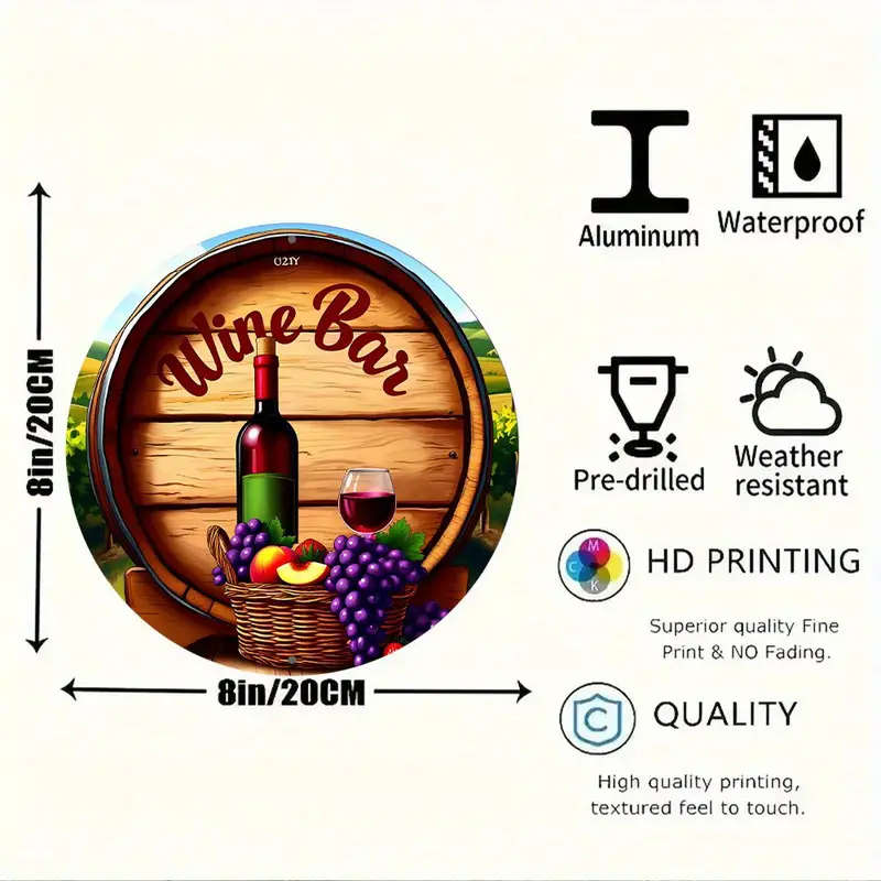 1pc Bottle of Wine And a Basket of Fruit in Front of a Wreath Sign 8-Inch Round Aluminum Sign Perfec