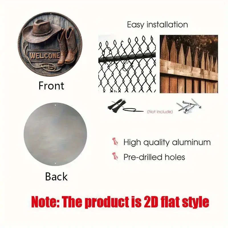 1pc Classic Western Cowboy Boots Hat Welcome Sign 20.32x20.32cm Round Aluminum Wall Hanging Decorati
