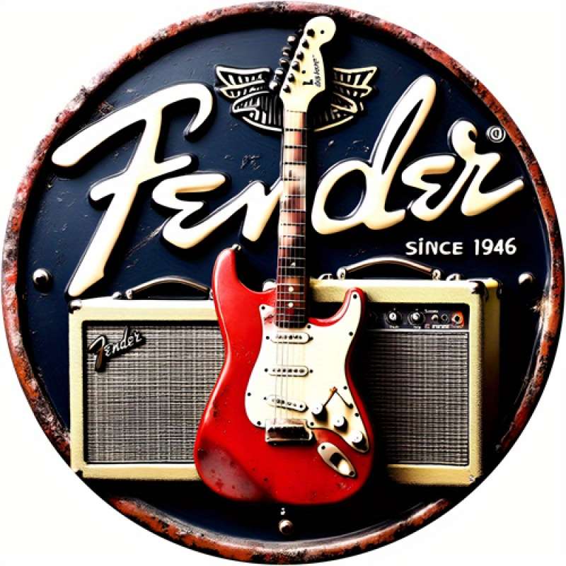1pc  Vintage Fender Guitar Metal Tin Sign 20.32x20.32 cm Round Aluminum Wall Art Retro Music T