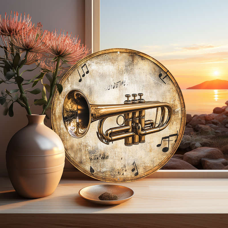 1pc  Trumpet Art Decoration 20.32x20.32 cm Round Aluminum Wall Art with Musical Notes Trumpe