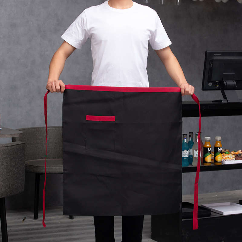 1pc Men's Black Canvas Chef Apron with Red Stripe Half-Length Server Kitchen Work Apron Durabl