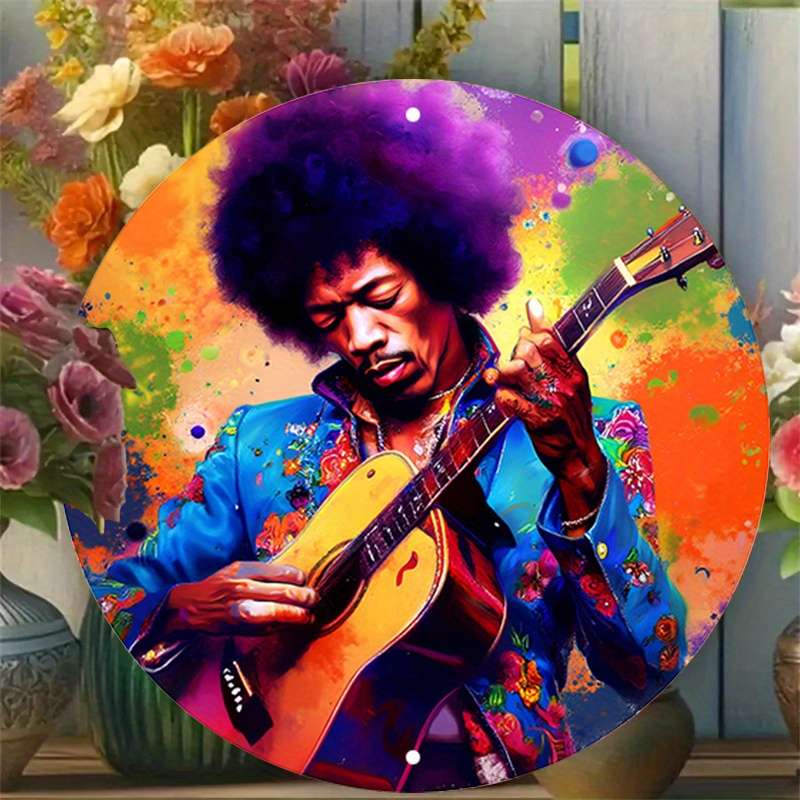1pc Vibrant Jimi Hendrix-Inspired Metal Wall Art Round Decor Sign with Splattered Paint Design 1