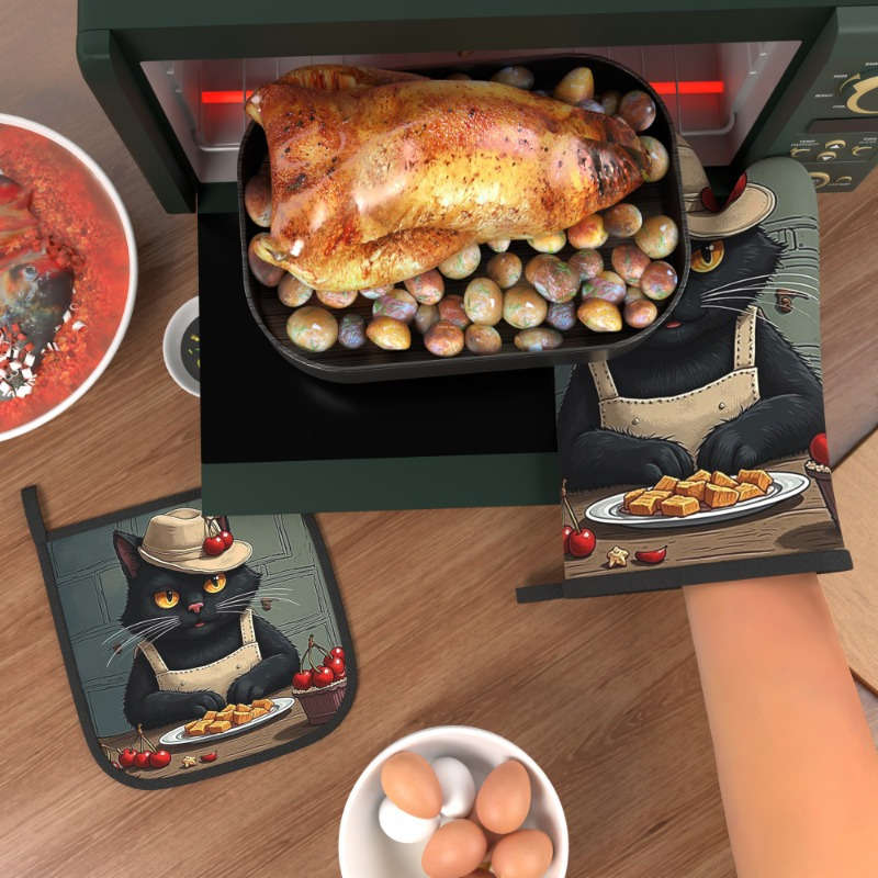 2pcs 26.92x17.02 cm Oven Mitts And Potholders Kitchen Style Black Cat Artistic Style Heat Resis