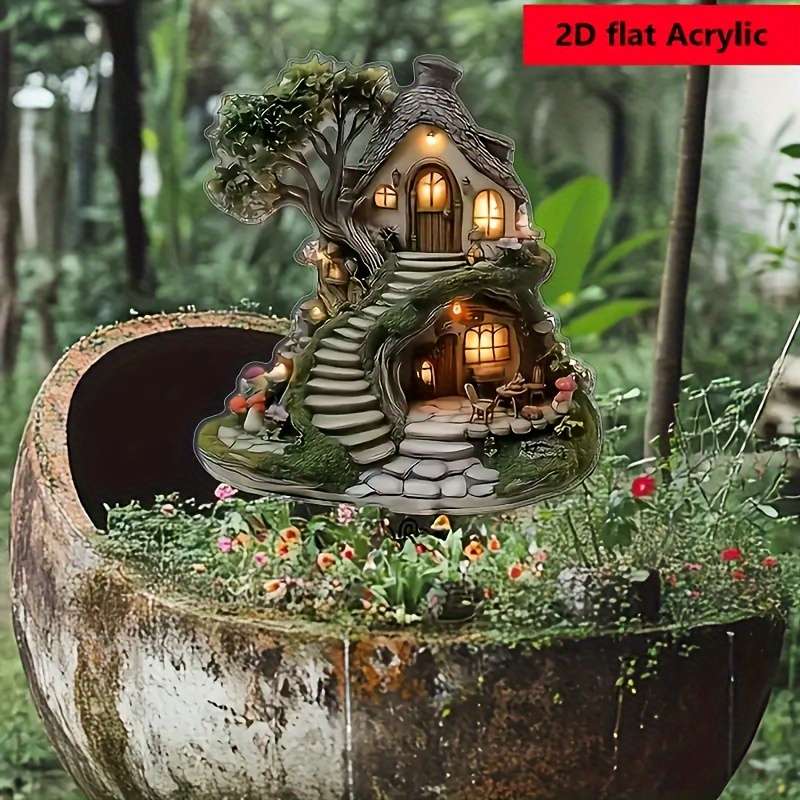 1pc 2D Flat  Glimm-Style Crystal Fairy Tree House Garden Plate Enchanting Lawn Ornament with Ston