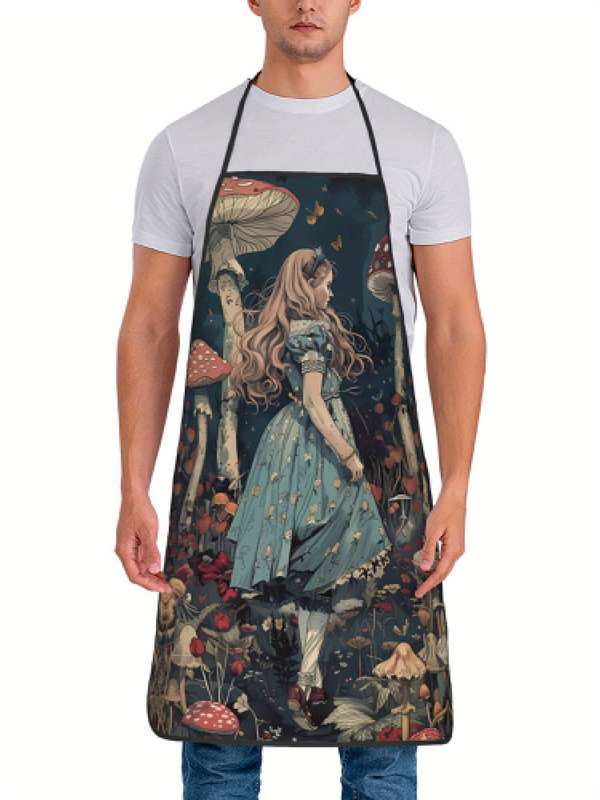 1pc Vintage Style Woven Polyester Apron 100% Polyester Fabric with Whimsical Mushroom and Floral