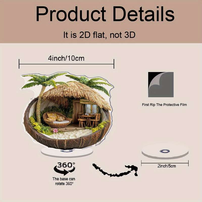 1pc 2D Flat  Tropical Hut in a Coconut Shell Acrylic Desk Decor with Stand  Design Featuring Pa