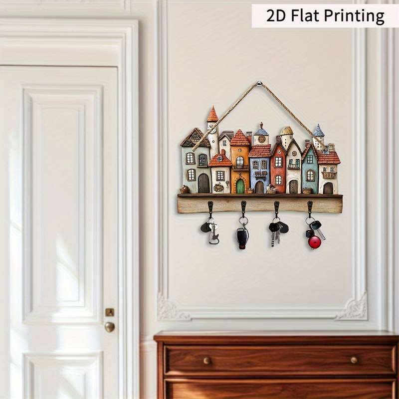 2D Flat Wooden TownhouseHome Wooden Key Holder 29.97 cm x 22.86 cm with Four Metal HooksMultif