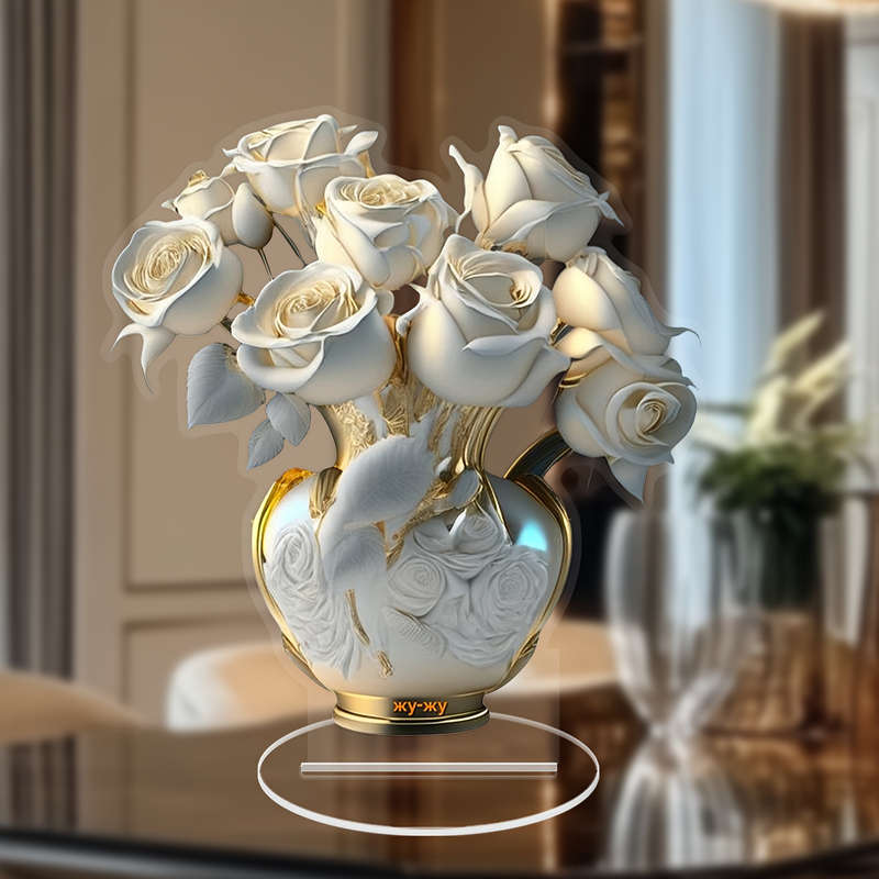 1pc 2D Flat  A  Acrylic White Rose Tabletop Decoration Measuring 18.01 cm by 16.69 cm a Versa